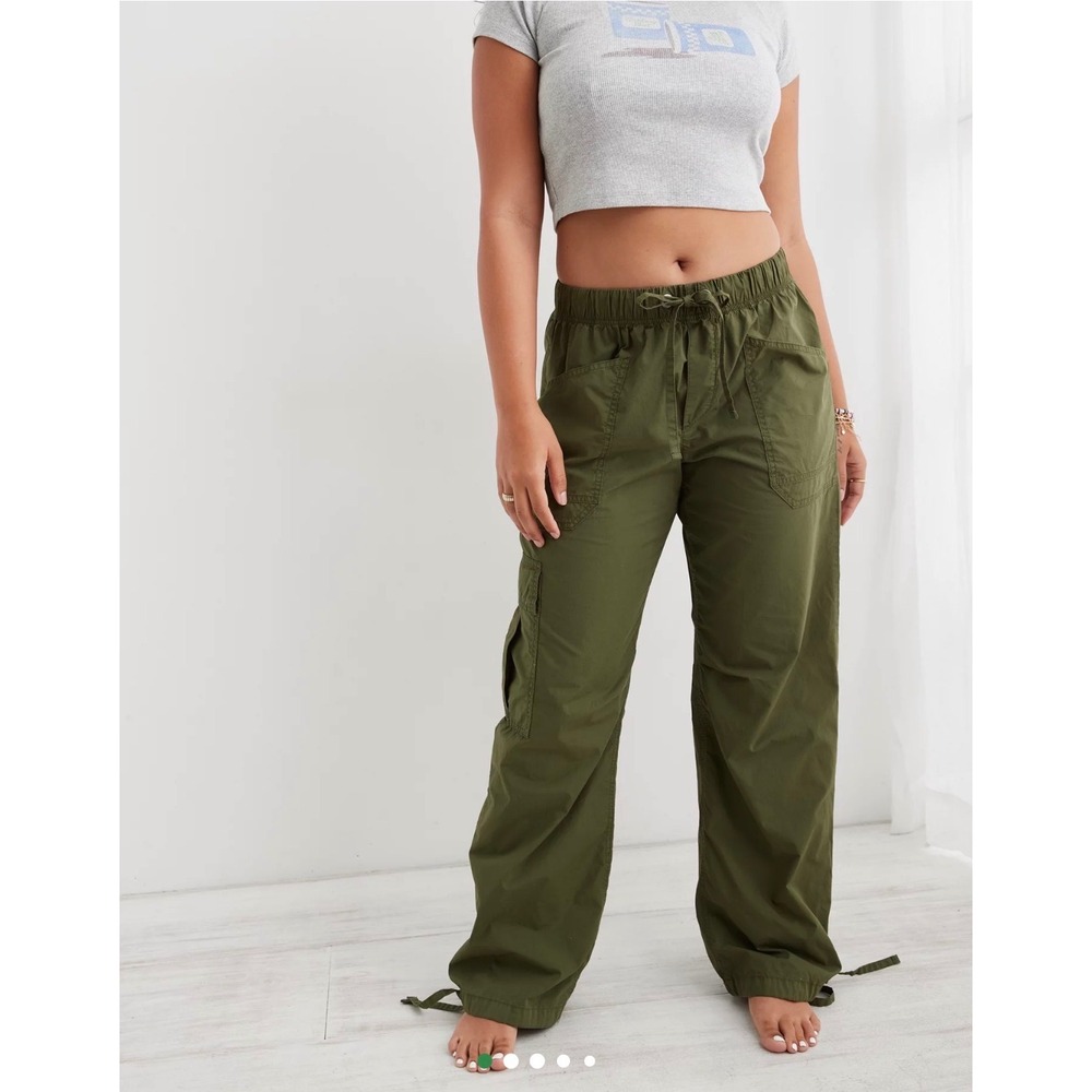 Aerie Olive Green Cargo Pants Wide Leg Drawstring Waist Utility Size Medium